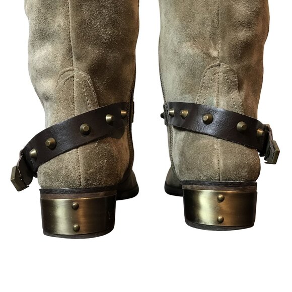 VERY VOLITILE Tan Suede Knee High Boots Womens 7 Side Zip Straps - Picture 3 of 14